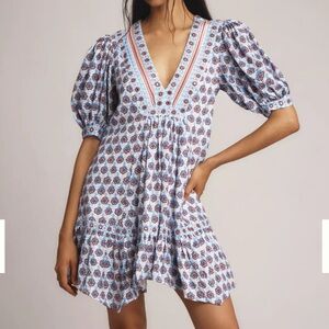 NEW Anthropologie Maeve Puff-Sleeve V-Neck Mini Dress NWT Size L Pockets Large